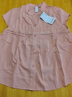 NWT EXLURA Pink Pintuck Blouse Women's Size XS Short Sleeve Button Front Tunic